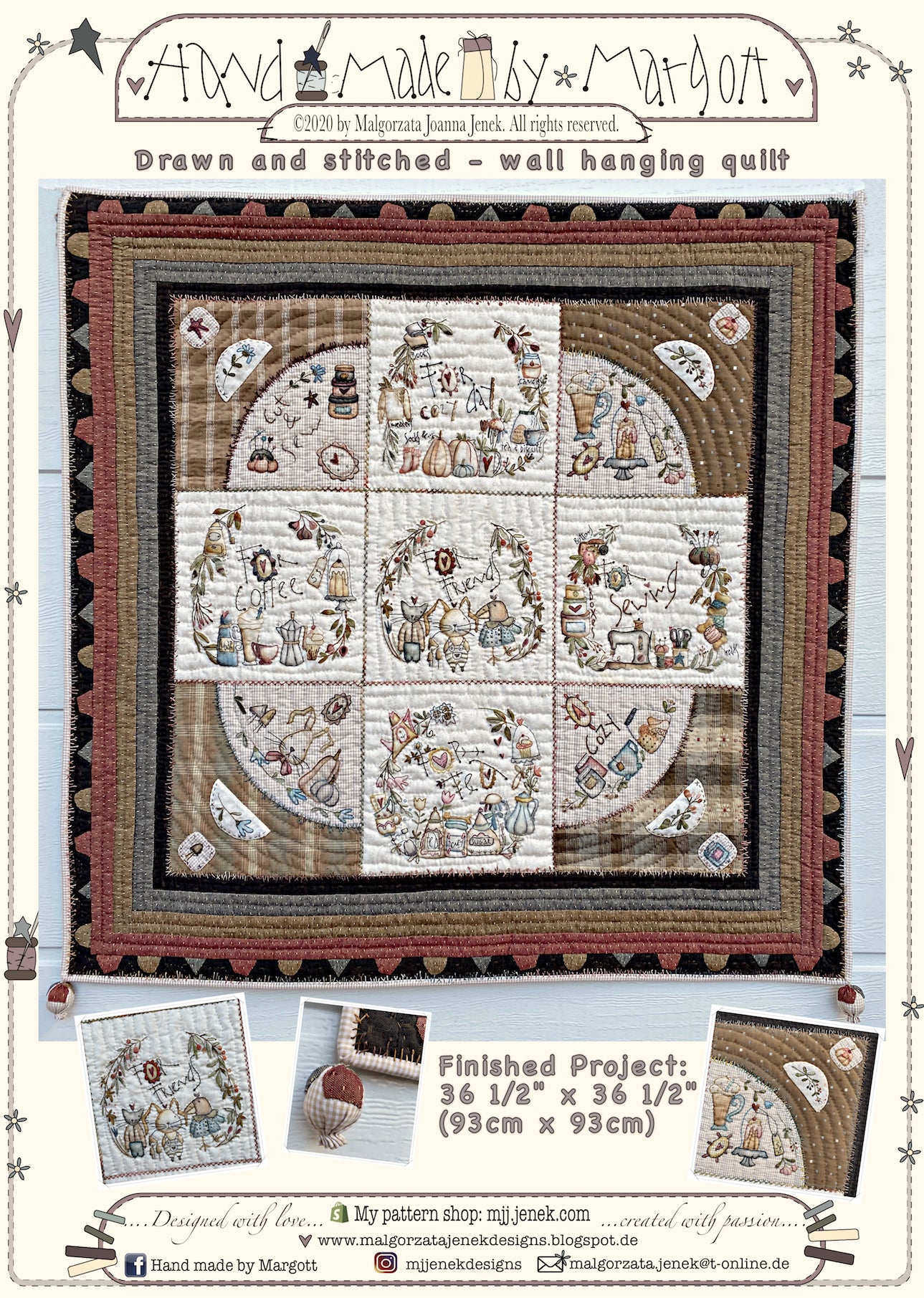 Drawn and stitched - wall hanging quilt,  Quilt pattern by MJJenek